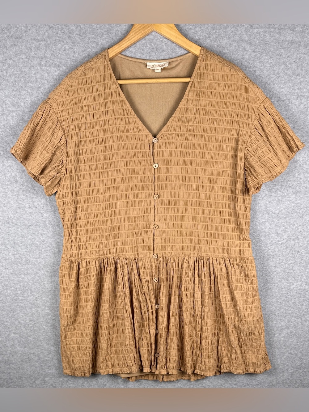Listicle Women’s Medium Smocked Button Front Peplum Babydoll Mini Dress Beige